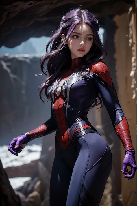 (Extreme Detail CG Unity 8K wallpaper, masterpiece, highest quality), (Exquisite lighting and shadow, highly dramatic picture, Cinematic lens effect), a beautiful girl in a purple Spider-Man costume, purple curly hair color, long hair, braiding hair, beaut...