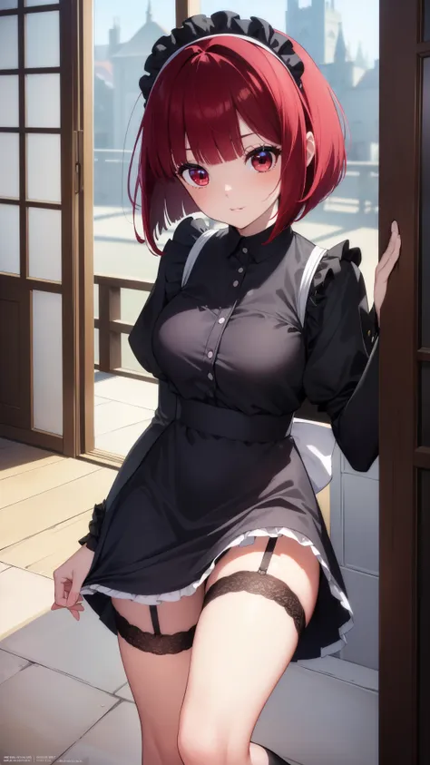 arima maybe, arima maybe, bob cut, (red eyes:1.5), redhead, short hair, , maid clothes,ruffle skirt，gothic lolita，hair in the wi...