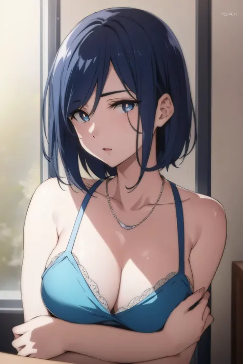 1girl, izumi_nase, blue hair, short hair, purple eyes, jewelry,pearl necklace,
break wearing cute bra,
break looking at viewer, ...