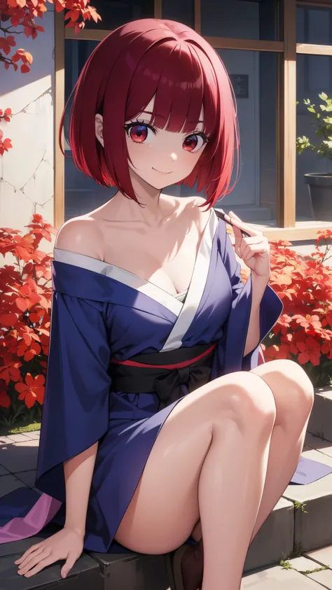 Arima maybe, Arima maybe, bob cut, (red eyes:1.5), redhead, short hair, , ，，hair in the wind，kimono，tabi，hair ornaments，geta，，shrine maiden，smile，whole body，
breaking looking at viewer,
destroy indoors, shrine,
, highest quality, High resolution, 8k wallpa...