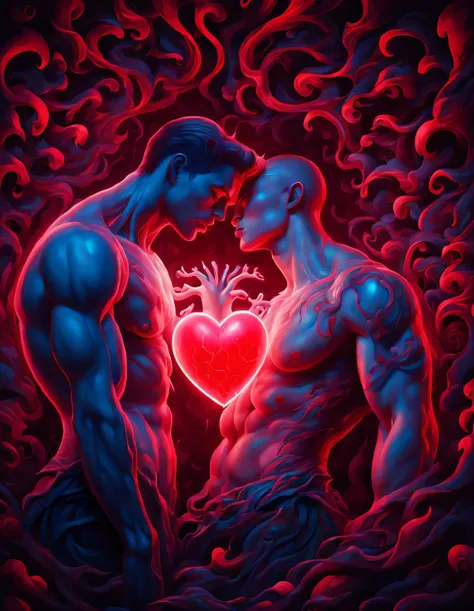 （There is a beautiful eye in the red heart：1.3）（Clear red glowing heart beating：0.85），Black light art，sharp focus，Toned muscles，Background human upper body muscles， fantasy，Reality，cartoon，3d rendering，James Jean (James Jean) super fine, Eighth Route Walke...