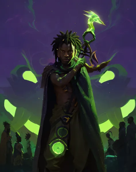 a black boy with spiky dreadlocks that stand up, wearing a brown african tunic with a green stripe, and baggy brown pants, and an African cloak of stars. A staff with a green stardust bird and green sun on the other end in his bandaged hands. His feet are ...