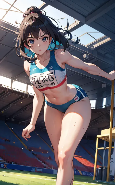 Unity 8K Wallpaper, Masterpiece, Best Quality, Ultra Detailed, Extremely Detailed CG, Ultra High Resolution, Caustics, Detailed, Beautiful Detailed Eyes, face, (leaning forward, arms behind back:1.3, athletics stadium, brighten the subject, running trunks)...