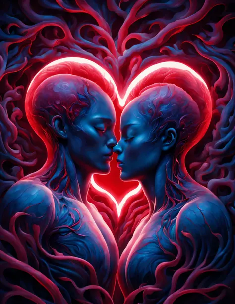 （There is a beautiful eye in the red heart：1.3）（Clear red glowing heart beating：0.85），Man and woman hugging each other face to face，Black light art，sharp focus，Toned muscles，Background human upper body muscles， fantasy，Reality，cartoon，3d rendering，James Je...