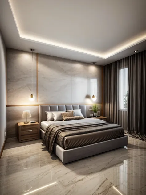 modern bedroom, (supper detail:1.2), brown luxury bed, combo tropical style poter on the wall, marble floor, 1 big abtract poste...