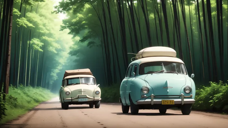 in the forest、summer sky、straight road、blue sky、１retro car、white color car、stretching、vacation、adventure、luggage on the roof、mas...