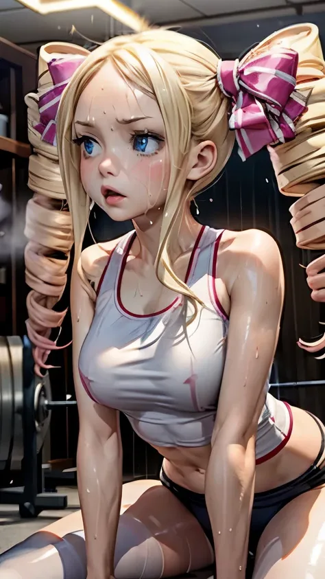 creamy long pale hair，double twin tails、(sweaty skin)、 (highest quality, 8k, 32k, masterpiece, uhd:1.2)、wet clothes、((see-throug...