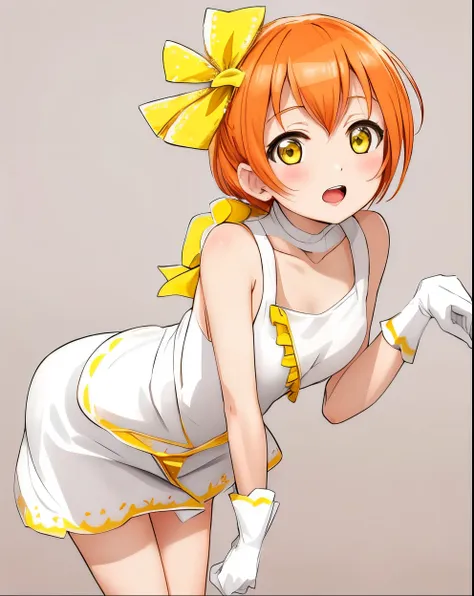 masterpiece,best quality,hoshizora rin, orange hair, yellow eyes, white dress, bent over , hips, gloves,in love , slightly open ...