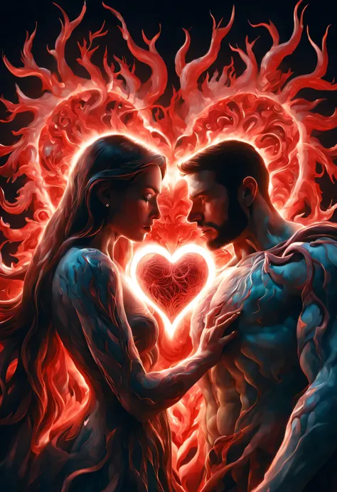 （Man giving woman huge glowing red heart），（There is a beautiful eye in the red heart：1.3）（Clear anatomy，A heart glowing red beats in the center of the picture.：0.85），（A man and a woman hugging each other face to face，Sharing a huge heart），Black light art，s...