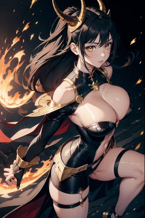 dragon woman, yellow eyes, scales on part of the body, slim body and gigantic breasts, long legs, black hair, horns on the head, claws, tail,  armor, battle boots and gloves, 8k, hd, masterpiece, full  bodysuit, white background