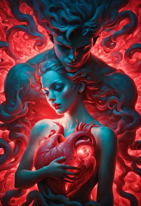 （Man giving woman huge glowing red heart），（There is a beautiful eye in the red heart：1.3）（Clear anatomy，A heart glowing red beats in the center of the picture.：0.85），（A man and a woman hugging each other face to face，Sharing a huge heart），Black light art，s...