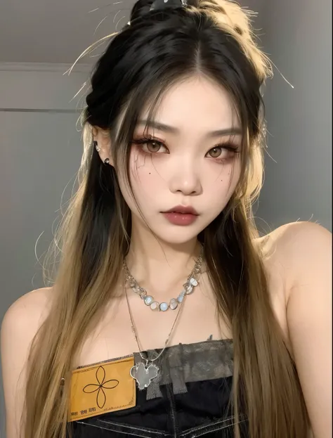 a close up of a woman with long hair wearing a necklace, cruel korean goth girl, ulzzang, with long hair and piercing eyes, popular south korean makeup, korean girl, goth girl aesthetic, asian girl, popular korean makeup, scary look, sakimichan, she looks ...