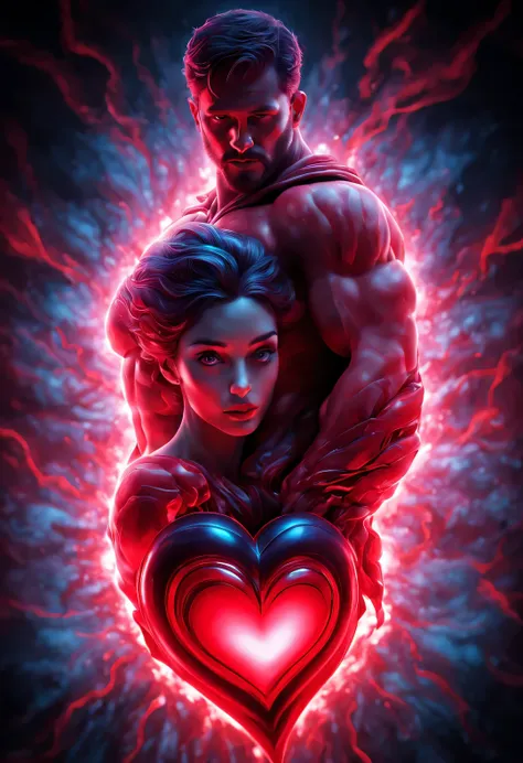 （man giving woman huge glowing red heart），（there is a beautiful eye in the red heart：1.3）（clear anatomy，a heart glowing red beat...