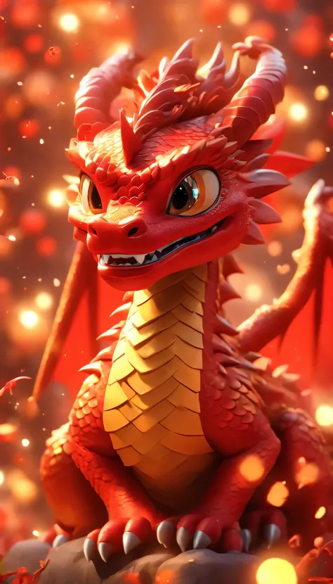 Chinese cartoon dragon baby, Golden Red Dragon, scales，lunar New Year, nobody，depth of field，Red, Milky Way，fireworks，Pixar，Japanese anime，Cartoonish，3d rendering