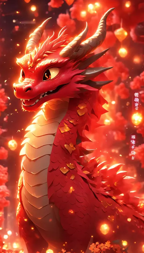 Chinese cartoon dragon baby, lunar New Year, nobody，Red, Milky Way，fireworks，Pixar，Japanese anime，Cartoonish，
