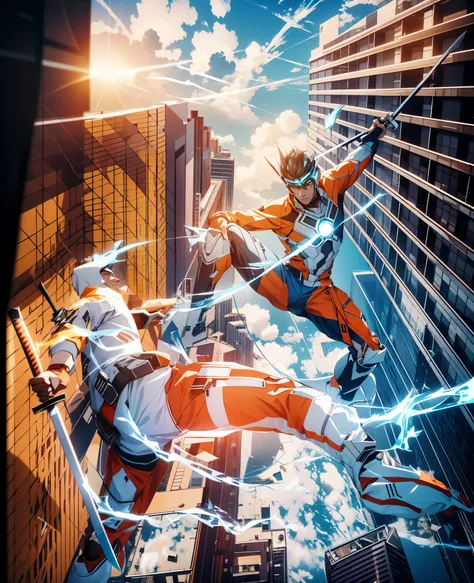 Capture the breathtaking moment as a young, dark-skinned man wearing glasses, dressed in a crisp white windbreaker hoodie, blue jeans, white basketball sneakers, holds katana sword fights a metal superhero wearing orange pants while falling out of a skyscr...