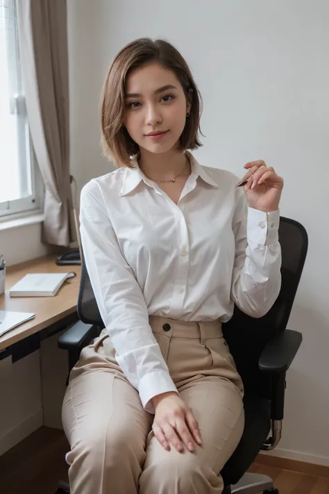 top-quality、​masterpiece、超A high resolution、(realisitic:1.4)、Bautiful Women1、Beautiful detail eyes and skin、smile、Light brown middle-cut hair, She is Wearing a shirt and red suit, gorgeous chinese model, photo of slim girl model, IG-Modell, beautiful femal...