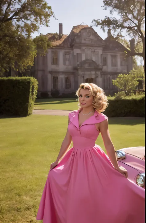 britney spears next to a horse and dressed in a pink dress inspired by the 50s, completo con una falda completa y enagua, her ha...