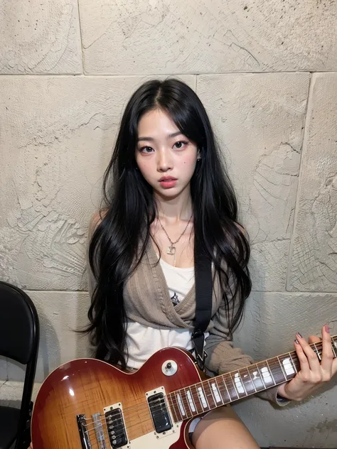 araffe woman sitting on a chair with a guitar on her lap, portrait of jennie do blackpink, Ulzzang, jennie do blackpink, jennie kim, cruel korean goth girl, com cabelo comprido and piercing eyes, kim jennie, holding electric guitars, com cabelo comprido, i...