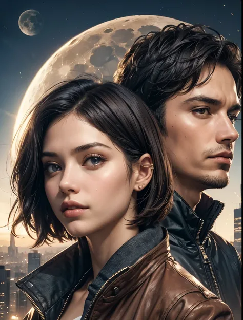 Upper body close-up image. One man and one woman. The man has short black hair. The woman has long dark brown hair. Both are beautiful and in their mid-twenties. Both are wearing jackets. Behind them is a city on the moon.