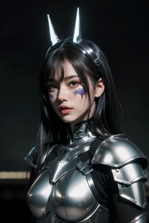 ((best quality)), ((masterpiece)), (detailed), perfect quality,cyperpunk,blue light,purple light,green light,label,nobody,night,no man,no human,cyper,赛博朋克，Lady in armor mask