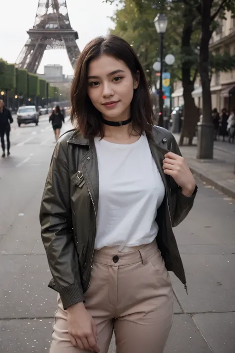 top-quality、​masterpiece、超A high resolution、(realisitic:1.4)、Beautuful Women１、Beautiful detail eyes and skin、smile、Light brown middle-cut hair, She is Wearing a long t-shirt,  gorgeous chinese model, photo of slim girl model, IG-Modell, beautiful female mo...