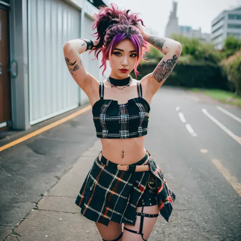 1girl, 23 years old, punk outfit, wild hair, tattoos, plaid miniskirt, crop top, wearing_urbangal