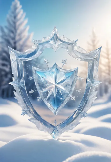 dreamlike，White frozen dream world，Crystal shield suspended in the air，beautiful crystal shield，sparkling，snow