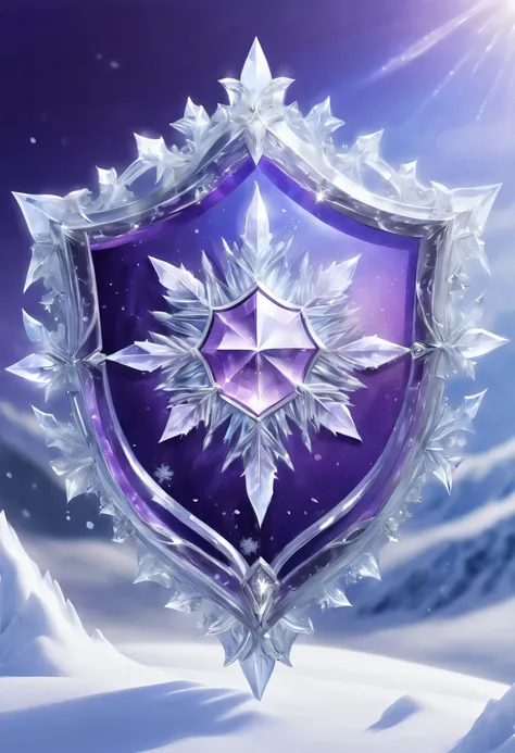 purple fantasy art，White frozen dream world，Crystal shield suspended in the air，beautiful crystal shield，sparkling，snow