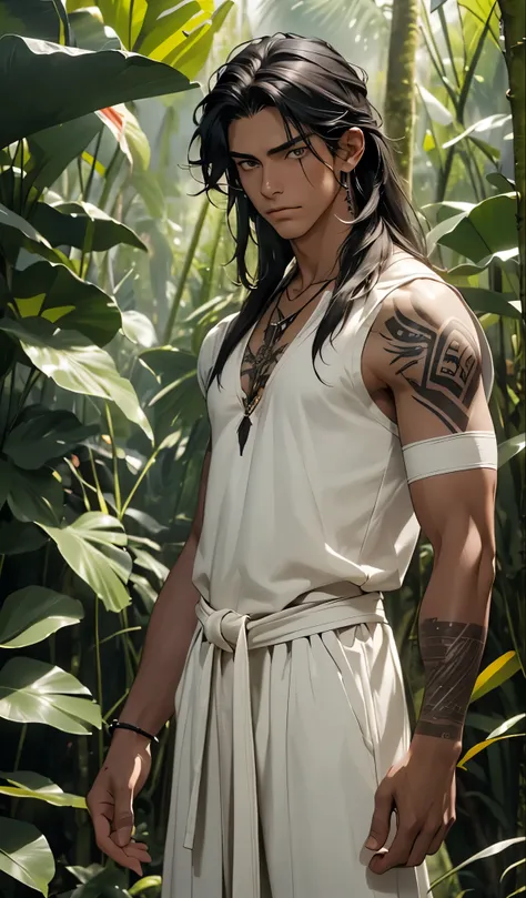 1 boy,tall and strong,perfect male figure, eyes looking at camera.(Amazonian indigenous male), ((dark skin)),( Original tattoo),long white hair, (Skins披风，hairy，Skins),Gel coat，Bandage wrist guards，Feather necklace,serious expression, standing in forest,Rai...