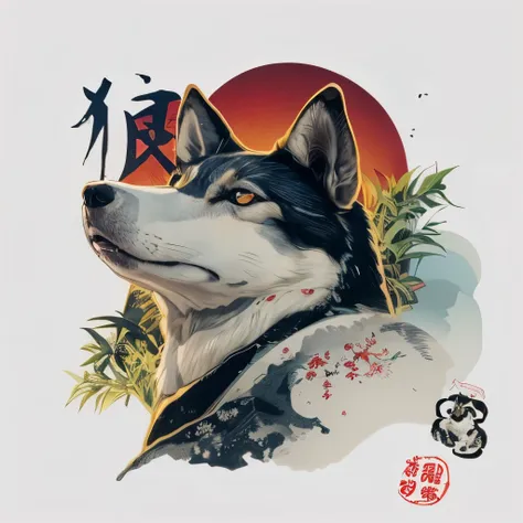 Realistic, 8k, there is a sticker with a wolf and a japanese writing, inspired by Shiba Kōkan, japanese dog, 