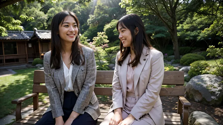 Photorealistic, Best Quality, Hyper Detailed, 2 women in suits, A Japanese middle-aged woman sitting on a rock bench, wearing a dark suit, A Japanese teen girl sitting beside her in pink suit, happy expressions , open garden (sunlight), mountainscape, (Out...