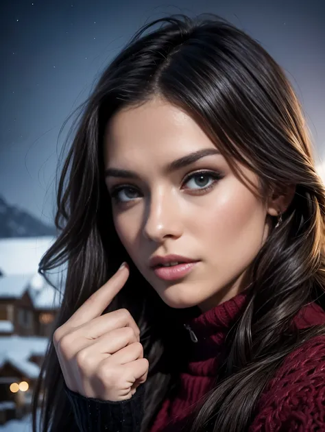 Close up of an ultra hot gorgeous European woman, age23. She point with her index finger and shows her vampire fangs. Winter starry night, snowy village, northern lights.