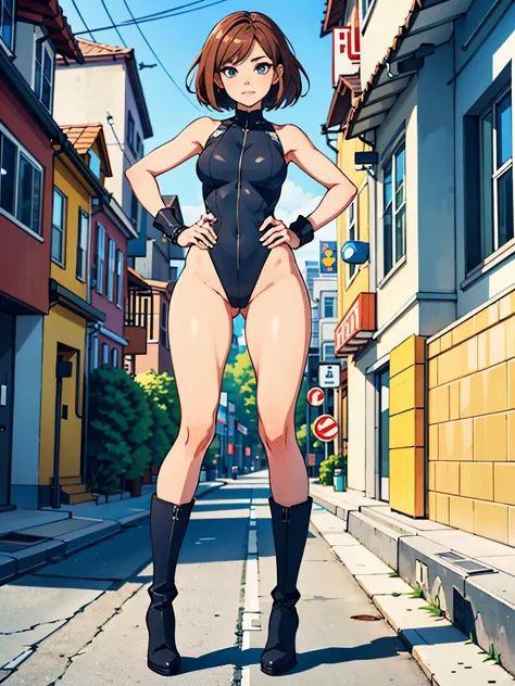 (((pixel-perfect, detail-perfect))), 1girl, superhero, leotard, highleg leotard, bare legs, boots, standing, solo focus, tight belt, hands on hip, full body shot, mature lady, city backdrop, sleeveless, ultra highres, absurdres, beautiful face, detailed ey...