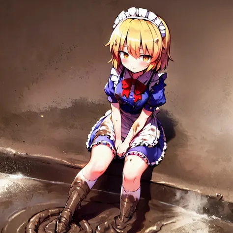 1girl,touhou,mugetsu,blonde hair,blue dress,maid headdress,maid,yellow eyes,short hair,(muddy white kneehighs:1.4),loafers,