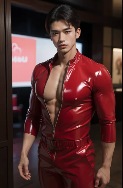 Japan man，man,youth，Best quality, crisp quality, Masterpiece, Highest resolution, Highly detailed, Red latex jumpsuit, love heart，chest muscle，Full-body muscular figure，night club，mtu