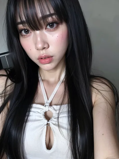 Asian woman with long black hair wearing a white blouse, she has black hair com franja, long hair com franja, Franja reta longa, long black hair com franja, cabelo longo com franja cheia, com franja, long dark hair com franja, corte de cabelo preto hime,  ...