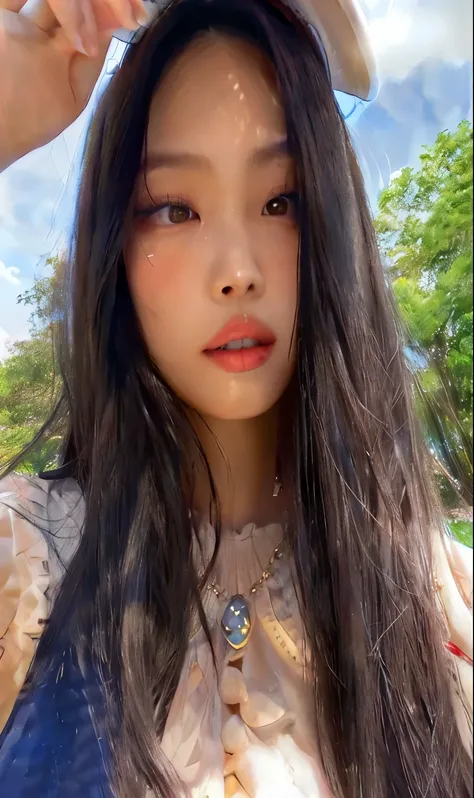 a close up Jennie Blackpink with long hair wearing a hat, beautiful asian, tomorrow brother trans,  asian with long hai jennie Blackpink asian, asian face, Blackpink, detailed face of a asian jennie, Southeast Asian with round face, beautiful asian jennie,...