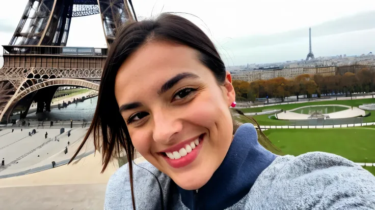 photo, Photo of a beautiful woman, Selfie, upper body, alone, wear a pullover, outdoor, Nature in real life, There is the Eiffel Tower in the background., cheerful, be happy, look at viewer, skin texture, เนื้อphoto, close up, photoดิบ