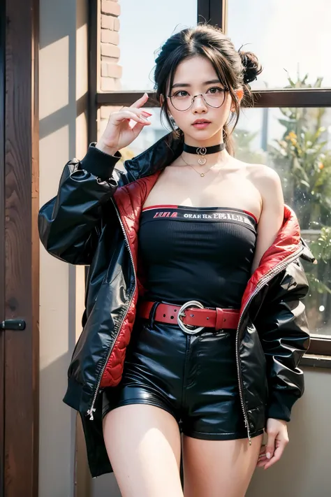 1 girl, sarada uchiha, mangekyou sharinhan balleyes, jewelry, earrings , choker, glasses, collarbone, bare shoulders, jacket , open jacket, tube top,midriff, black shorts, red belt, realistic, ultra detail, 70mm lens