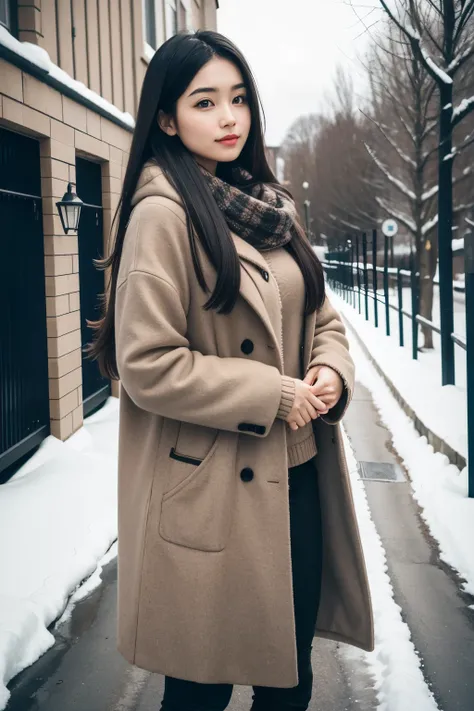 1 girl, long hair, black hair,  happy beautiful fashion young woman standing alone, wearing a warm winter outfit. Looking at the camera. Photorealistic, ultra detail, 70mm lens