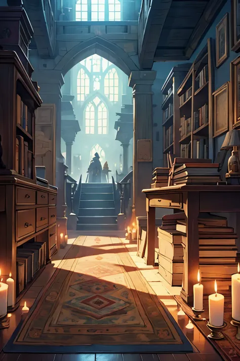 anime highest quality, wizards tower, magic orbs, books, scrolls neatly tied, map on the wall, a full desk edge to edge red woven carpet on the ground beneath the desk, short very used candles lighting the room wax dripping