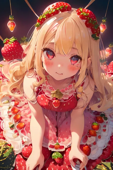 girl,cute,(blonde:1.2),(long hair with curls:1.2),(With bangs),(strawberry colored eyes:1.2),(Eye size:1.5),(Strawberry motif dress:1.3),(dress with lots of lace:1.35),(strawberry ornament:1.6),(🍓🍓🍓🍓:1.5),(Sparkling lights:1.35),(model pose:1.3),(strawberr...