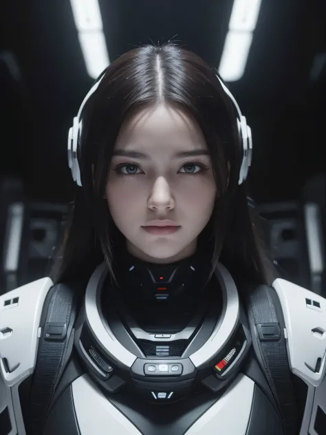 (best quality,4k,8k,highres,masterpiece:1.2),ultra-detailed,(realistic,photorealistic,photo-realistic:1.37),mechanical background,black and white color scheme,inside a spaceship,1girl,HDR,UHD,studio lighting,ultra-fine painting,sharp focus,physically-based...