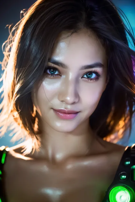 (Best Quality, Masterpiece, Ultra High Definition, High resolution, highly detailed, High Definition Face, clear pictures, HDR:1.5), (20-year-old woman:1.3), (eyes be visually in focus:1.4), (film photography style:1.5), (background neon sign, neon color f...