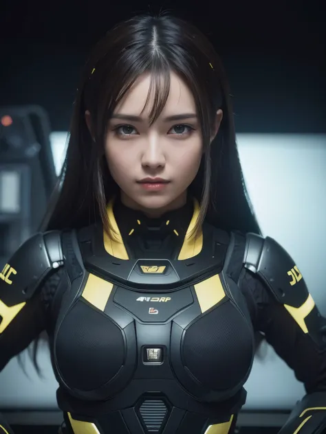 (best quality,4k,8k,highres,masterpiece:1.2),ultra-detailed,(realistic,photorealistic,photo-realistic:1.37),mechanical background,black and yellow color scheme,inside a spaceship,1girl,HDR,UHD,studio lighting,ultra-fine painting,sharp focus,physically-base...