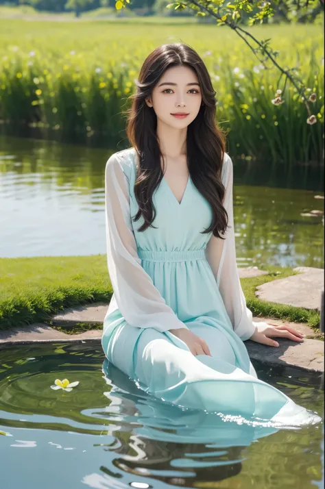 lake, girl, beautiful detailed eyes, beautiful detailed lips, long hair, flowing dress, gentle smile, peaceful atmosphere, soft sunlight, vibrant colors, water ripples, green grass, blooming flowers, serene reflection, tranquil setting, nature scenery, pho...