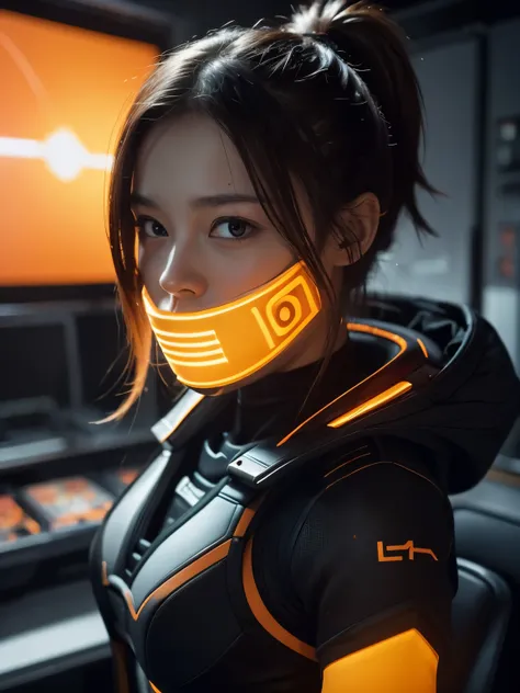 (best quality,4k,8k,highres,masterpiece:1.2),ultra-detailed,(realistic,photorealistic,photo-realistic:1.37),mechanical background,black and orange color scheme,inside a spaceship,1girl,HDR,UHD,studio lighting,ultra-fine painting,sharp focus,physically-base...