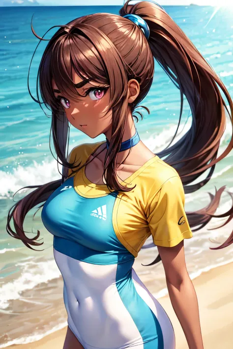 Anime beauty, anime style, brown skin, healthy wheat color, blue sportswear, long ponytail, tall eyebrows, pink eyes, seaside