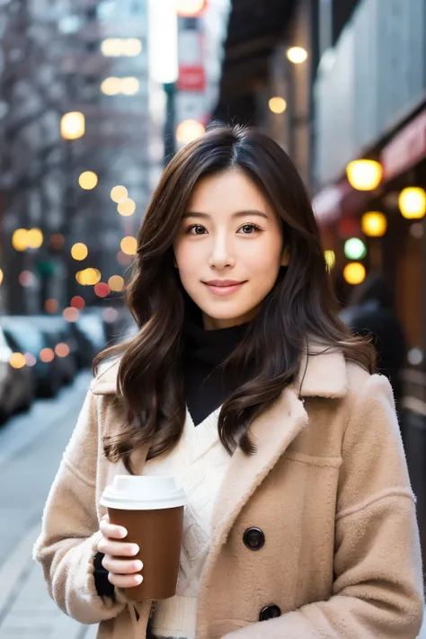 Japanese beauty in her early 30s, long hair, slightly wavy perm, chest is medium, The body is a bit slim. The attire is a winter coat, The background is downtown Tokyo.. Holding a coffee cup